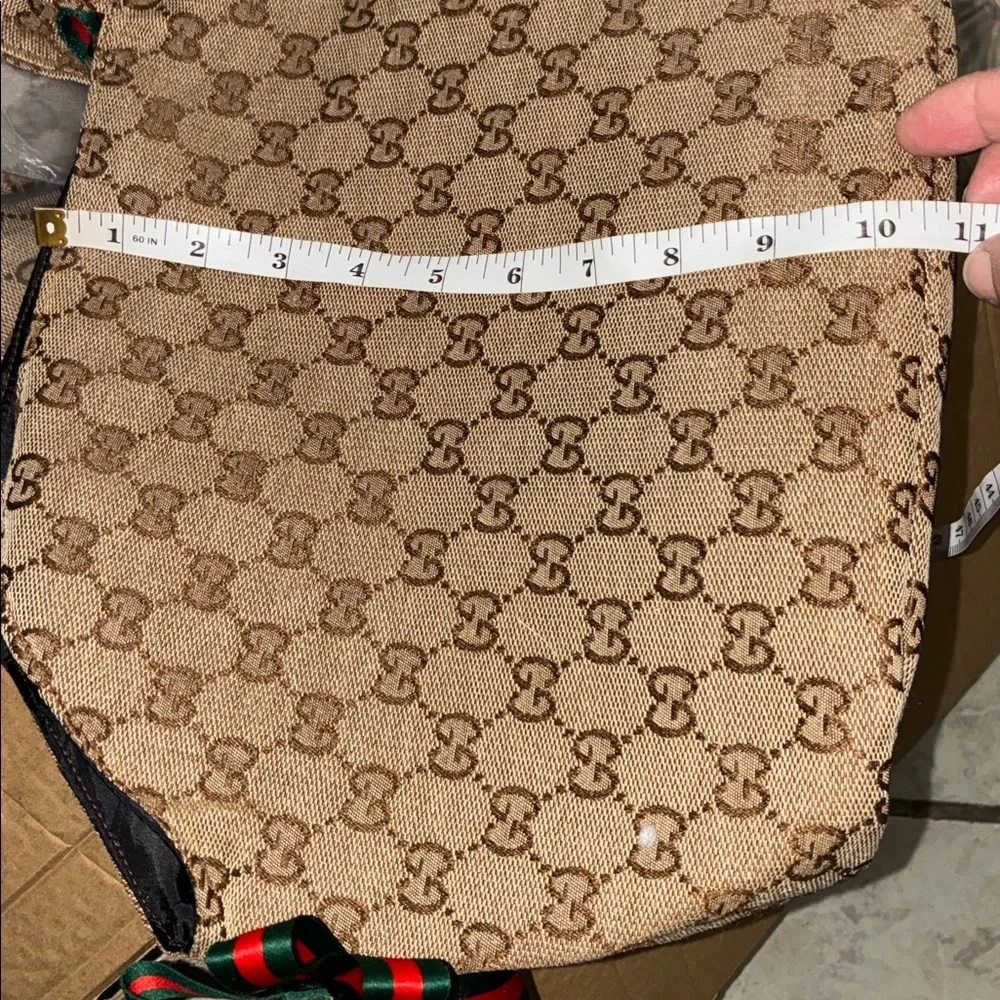 Source Unknown Brown Monogram Pet Carrier with Green-Red Ribbon Accent